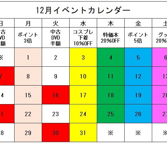 山口宇部店 １２・２０２６年１月イベントカレンダー